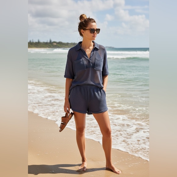 Lumiere Textured Navy BlueTwo-Piece Set - see through top and lined shorts. - Picture 3 of 10